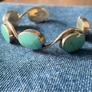 Vintage Old Pawn Mexico Sterling Silver and Turquoise Six Stone Cuff Bracelet